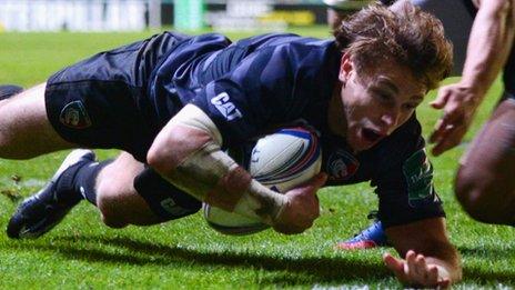 Blaine Scully of Leicester Tigers goes over to score a try during the Heineken Cup match between Leicester Tigers and Benetton Treviso at Welford Road on October 18, 2013 in Leicester, England