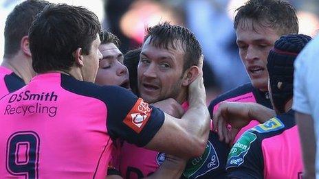 Gareth Davies is congratulated by his team-mates