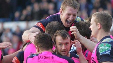 Cardiff Blues lock Bradley Davies leads their celebrations
