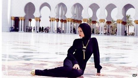 Rihanna outside the Sheikh Zayed Grand Mosque Centre