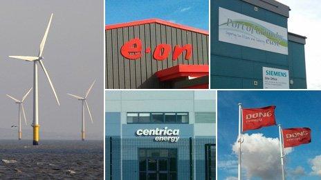 Wind turbines and offices of e.on, Siemens, Centrica and DONG