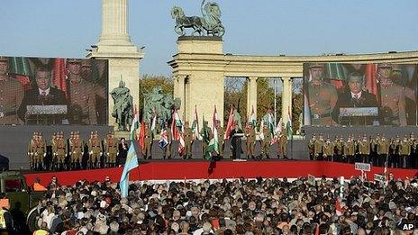 Viktor Orban addresses the crowd at Heroes Square, Budapest. 23 Oct 2013