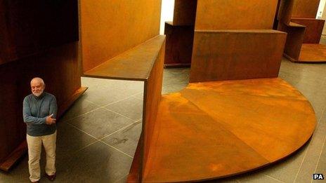 Sir Anthony Caro with his sculpture Millbank Steps 2004