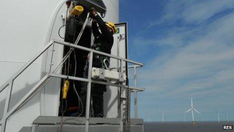 An RES engineer working on a turbine in the Lynn and Inner Dowsing wind farm