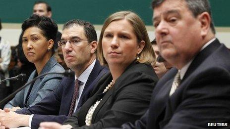 Cheryl Campbell, Senior Vice President of CGI Federal; Andrew Slavitt, Executive Vice President for Optum/QSSI; Lynn Spellecy, corporate counsel for Equifax Workforce Solutions and John Lau, program director for Serco are pictured at a House Energy and Commerce Committee hearing on the Patient Protection and Affordable Care Act in Washington, DC on 24 October 2013