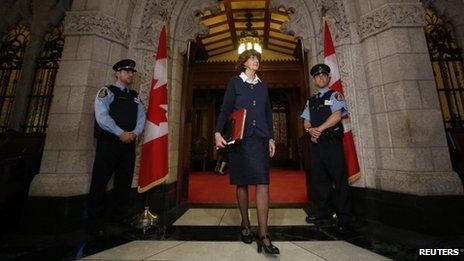 Conservative Senator Marjory LeBreton walked out of the Senate on Parliament Hill in Ottawa on 24 October 2013