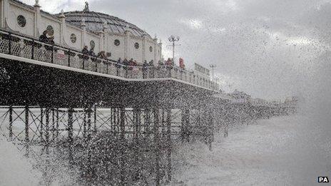 Waves crash at Brighton, East Sussex