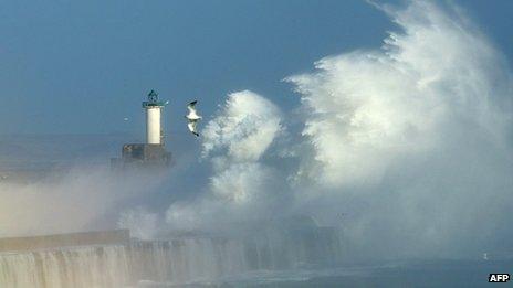 Waves crashing against dyke at Boulogne, France, 28 Oct 13