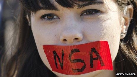 Protestor with an NSA sticker on her mouth