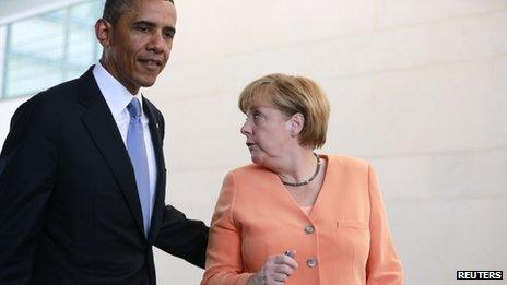 Barack Obama and Angela Merkel at a news conference in Berlin in June