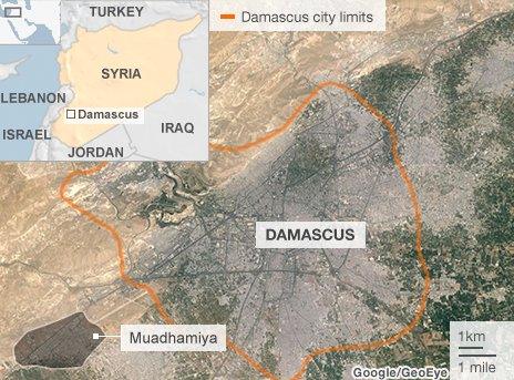 Map showing the location of the Damascus suburb of Muadhamiya