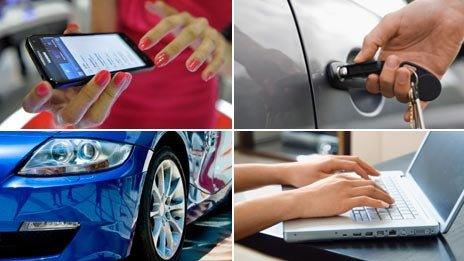 (Clockwise) woman using smartphone (Getty); man using key to open car door (Thinkstock); person on laptop (Thinkstock); car (Thinkstock)