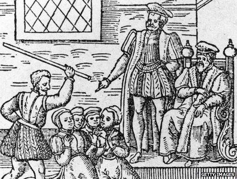 Group of witches being beaten in front of James I, circa 1610