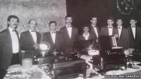 Staff at Holiday Inn, Sarajevo, for New Year's Eve buffet, 1993