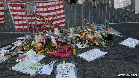 Tributes to victims of the marathon bombings in Boston, Massachusetts, on 17 April 2013