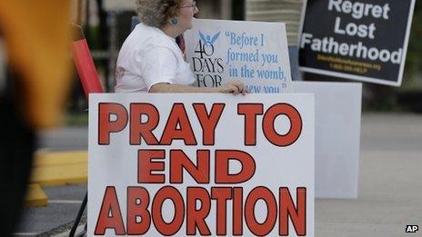 A woman holds a sign outside a Planned Parenthood Clinic in San Antonio, Texas on 29 October 2013