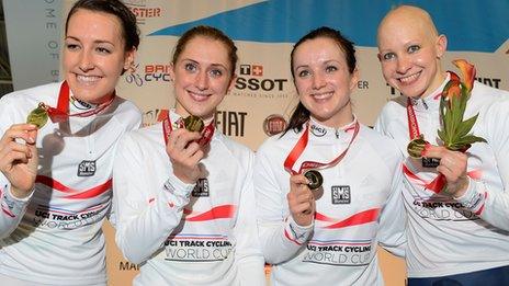 Great Britain"s Laura Trott, (2nd L) Elinor Barker (2nd R), Dani King (L) and and Joanna Rowsell (R)Great Britain cycling World Cup team pursuit