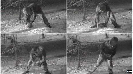 Combo shows pictures broadcast by the Russian state-run Rossiya television of a young man, allegedly a British spy, in a park outside Moscow taking a rock being used as a high-tech version of the spy's traditional letter-box or dead drop, shown on 23 January 2006