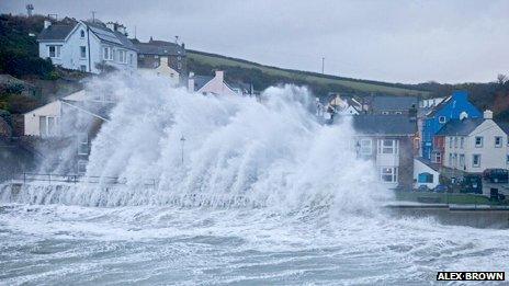 A large wave hits Little Haven, Pembrokeshire