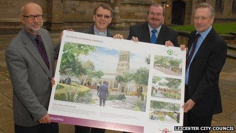 John Nicholls and Canon Peter Hobson from Leicester Cathedral with contractor Mike Cafferky and city mayor Peter Soulsby