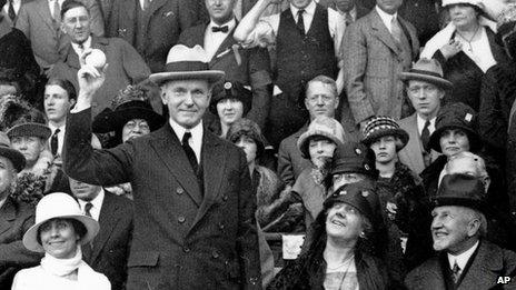 President Calvin Coolidge prepares to throw out the ball for the opening game of the 1924 baseball World Series