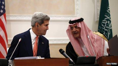 U.S. Secretary of State John Kerry participates in a joint press conference with Saudi Arabia's Foreign Minister Saud in Riyadh (4 Nov 2013)