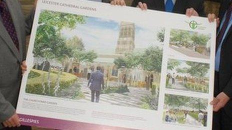 John Nicholls and Canon Peter Hobson from Leicester Cathedral with contractor Mike Cafferky and city mayor Peter Soulsby