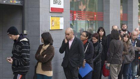 People queue outside a government unemployment office in Madrid, Spain, on 5 October 2013