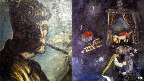 Two of the works revealed in Augsburg: Self-portrait by Otto Dix (L) and picture by Marc Chagall (composite image)