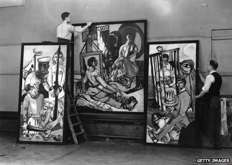 Triptych by Max Beckmann being hung at exhibition in London in July 1938