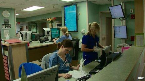 Medical employees perform their duties at the Ambulatory Internal Medicine Clinic at the University of Louisville, Kentucky