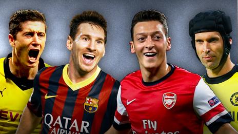 Borussia Dormund's Robert Lewandowski, Barcelona's Lionel Messi, Arsenal's Mesut Ozil and Chelsea's Petr Cech