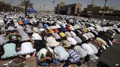 Shia followers of the cleric Moqtada Sadr pray in Sadr City, Baghdad