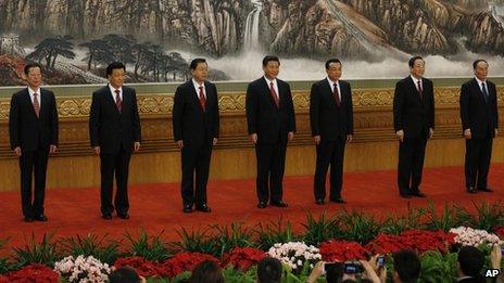 File photo: members of China's Politburo Standing Committee, from left, Zhang Gaoli, Liu Yunshan, Zhang Dejiang, Xi Jinping, Li Keqiang, Yu Zhengsheng and Wang Qishan in Beijing's Great Hall of the People, 15 November 2012