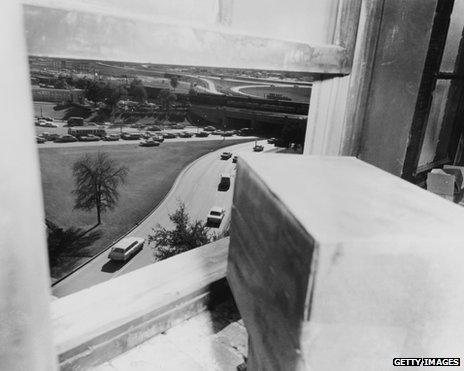 Sixth floor window of the Texas School Book Depository in Dallas, from which Lee Harvey Oswald is thought to have assassinated JFK