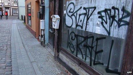 Graffiti near a synagogue in Salzwedel, Germany. 3 Oct 2013