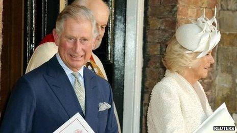 Prince Charles and Camilla, Duchess of Cornwall leave the christening of Prince George at St James's Palace in London October 23