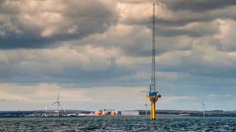 Image taken from location of the 99MW offshore demonstration wind site looking towards Blyth, Northumberland with Narec’s offshore anemometry platform in the foreground