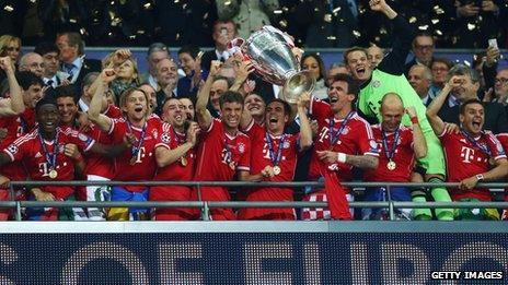 Bayern Munich lift the Champions League trophy at Wembley Stadium on May 25 2013