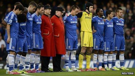 Chelsea Pensioners join Chelsea players to observe a minute's silence before kick-off at Stamford Bridge