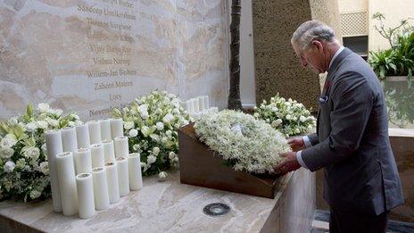 Prince Charles laying a wreath in Mumbai