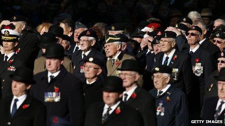 Military veterans gather at the Cenotaph on Remembrance Sunday, 10 November 2013