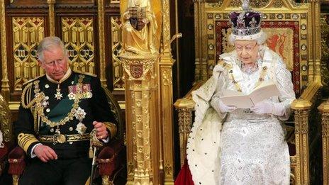 Prince of Wales listens as the Queen delivers her speech at the State Opening of Parliament on 8 May 2013