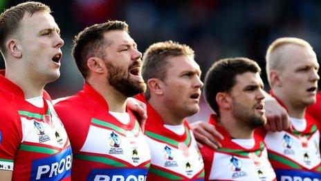 Wales line up for the anthems at the Gnoll