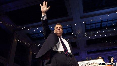 Republican New Jersey Governor Chris Christie celebrates his election victory on 5 November 2013