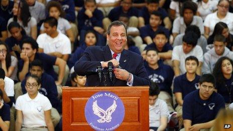 Chris Christie visits Jose Marti Freshman Academy in Union City, New Jersey, on 6 November