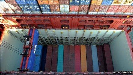 Containers being unloaded in the port of Hamburg, Germany