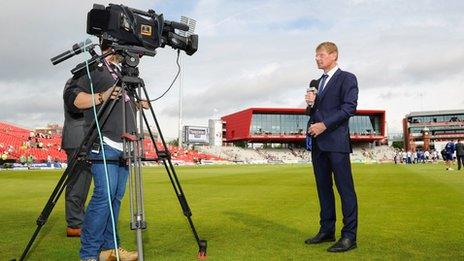 Sky Sports presenter Tim Abraham talks to camera during day one of the 3rd Investec Ashes Test match between England and Australia