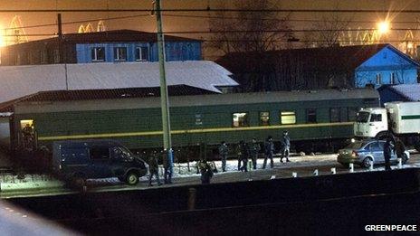 Train believed to be transporting Greenpeace activists and journalists in Russia. Pic: Greenpeace