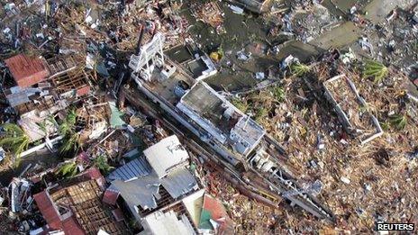 Aerial view of a ship which has run aground in Tacloban, Philippines